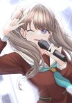  1girl ;d aqua_neckerchief brown_dress brown_hair commentary_request dress fujishima_megumi grey_ribbon hair_ornament hair_ribbon hasu_no_sora_school_uniform highres holding holding_microphone link!_like!_love_live! long_sleeves love_live! microphone neckerchief official_alternate_hairstyle on_your_mark_(love_live!) one_eye_closed open_mouth pleated_dress purple_eyes ribbon sailor_collar sailor_dress school_uniform signature smile solo triangle_hair_ornament tsubuan_(in_taiyaki) twintails upper_body virtual_youtuber white_sailor_collar winter_uniform 