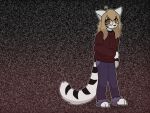 anthro ashblondekittyy ashlyn_(ashblondekitty) black_body black_fur blonde_hair blue_bottomwear blue_clothing blue_jeans blue_pants bottomwear brown_eyes clothing denim denim_bottomwear denim_clothing domestic_cat eyewear felid feline felis female fur glasses hair hoodie jeans mammal pants paranoid red_clothing red_hoodie red_topwear solo static static_background striped_body striped_fur stripes topwear trans_(lore) trans_woman_(lore) white_body white_fur