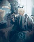  absurdres arknights black_gloves black_neckwear blonde_hair blue_eyes cup day executor_(arknights) fingerless_gloves flower gloves hair_between_eyes halo highres id_card indoors long_sleeves necktie plate sitting teacup tropicalnight29 window 