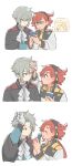  1boy 1girl absurdres ascot asticassia_school_uniform blush closed_eyes earrings elan_ceres green_hair green_jacket grey_eyes gundam gundam_suisei_no_majo hair_between_eyes highres holding holding_phone jacket jewelry low_ponytail mecha_pilot_suit multi-tied_hair normal_suit_(gundam) phone ponytail red_hair school_uniform shoulder_boards standing suletta_mercury tassel tassel_earrings thick_eyebrows white_ascot xinhao 