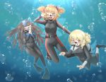  3girls air_bubble arnest bangs black_hair blonde_hair blue_eyes breasts bubble closed_eyes commission diving_mask diving_regulator drill_hair eyebrows_visible_through_hair fairy_wings flippers long_hair looking_at_viewer luna_child medium_breasts medium_hair multiple_girls orange_hair red_eyes scuba scuba_gear scuba_tank skeb_commission star_sapphire sunny_milk touhou underwater v wetsuit wings 