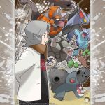  1girl arm_behind_back arms_up artist_name bertha_(pokemon) black_dress brown_eyes brown_scarf claws closed_mouth commentary company_name copyright_notice dress english_commentary fangs from_side gliscor golem_(pokemon) grey_hair heavy_ball highres hippowdon hippowdon_(female) holding holding_poke_ball instagram_username jacket long_sleeves merchandise_available official_style old old_woman open_clothes open_jacket open_mouth outline poke_ball pokemon pokemon_(creature) pokemon_dppt quagsire red_eyes rhyperior sand scarf sharp_teeth short_hair soap_bubbles teeth tom_higgins upper_teeth_only watermark white_jacket white_outline yellow_eyes yellow_pupils 