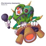  2000s_(style) armor character_name claws copyright_name cyclops full_body gold_spikes green_armor highres humanoid_robot karakatodzo looking_at_viewer mechanization mega_man_(series) mega_man_zero_(series) microphone mike_wazowski monsters_inc. nakayama_tooru_(style) one-eyed parody red_eyes robot spikes style_parody tagme 