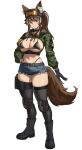  1girl absurdres animal_ear_fluff animal_ears belt bikini black_bikini black_gloves black_thighhighs boots brown_hair callisto_(greyeth) camouflage camouflage_jacket chance8000 choker combat_boots commentary commission cropped_jacket dog_tags english_commentary fox_ears fox_tail full_body gloves goggles goggles_on_headwear hand_on_own_hip highres jacket knee_pads micro_bikini multicolored_hair orange_eyes original second-party_source solo swimsuit tail thighhighs white_background 