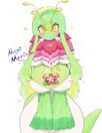  1girl antennae blush breasts character_name cleavage colored_skin cowboy_shot curvy dress eyelashes flower flower_necklace green_hair green_skin green_sleeves green_tail heart highres large_breasts long_hair long_sidelocks long_sleeves looking_at_viewer low_neckline mega_meganium meganium monster_girl neck_flower personification plant_girl pokemon red_flower sidelocks simple_background sleeves_past_fingers sleeves_past_wrists smile solo sparkle tail togetoge v_arms very_long_sidelocks white_background white_dress wide_hips yellow_eyes 