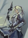  1girl absurdres armor black_gloves blonde_hair blue_eyes cassie_(shadow_slave) commentary cowboy_shot english_commentary from_side gloves highres holding holding_polearm holding_weapon lance logicsterrr long_hair looking_at_viewer parted_lips polearm shadow_slave skirt solo weapon 