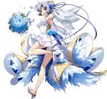  1girl :d blue_eyes blue_flower blue_ribbon blue_rose bouquet dress elbow_gloves flower full_body gloves hair_intakes hair_ribbon high_heels highres langrisser langrisser_ii layered_dress leg_up looking_at_viewer official_art outstretched_arm outstretched_hand pumps purple_ribbon ribbon rose sherry_(langrisser) shiny shiny_hair short_dress short_hair silver_hair sleeveless sleeveless_dress smile solo transparent_background twisted_torso veil wedding_dress white_dress white_footwear white_gloves yellow_ribbon 