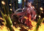  1girl absurdly_long_hair absurdres armband baggy_pants bamboo bamboo_forest bangs blurry blurry_foreground bow burning burnt burnt_clothes buttons clip_studio_paint_(medium) closed_mouth collared_shirt embers eyebrows_visible_through_hair eyes_visible_through_hair fire floating_hair forest fujiwara_no_mokou full_body hair_bow hair_ribbon hand_in_pocket hand_up highres kashiwagi_(pixiv35005989) light_smile long_hair long_sleeves looking_at_viewer moon motion_blur multiple_hair_bows nature night open_clothes open_fly open_pants outdoors pants parted_bangs red_eyes red_pants ribbon shirt shoes silver_hair solo standing suspenders torn_clothes torn_shirt touhou very_long_hair white_shirt wing_collar 