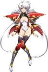  1girl :d armor armored_boots asymmetrical_bangs bangs black_legwear blush boots breasts brown_eyes claret_(langrisser) cleavage faulds full_body hair_between_eyes highres langrisser langrisser_v leotard long_hair looking_at_viewer medium_breasts official_art shiny shiny_clothes shiny_legwear shiny_skin shoulder_armor sidelocks silver_hair smile solo swept_bangs transparent_background very_long_hair white_leotard 