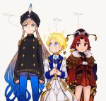  1girl 2boys aqua_eyes benienma_(fate/grand_order) blonde_hair blue_eyes captain_nemo_(fate/grand_order) epaulettes fate/grand_order fate_(series) feather_trim long_coat multiple_boys pspsno_pan red_eyes red_hair shorts size_comparison sparkling_eyes turban twintails voyager_(fate/requiem) 