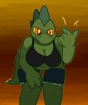  2020 4_fingers anthro big_breasts black_bra black_clothing black_topwear blue_bottomwear blue_clothing blue_shorts bottomwear breasts brown_background chubby_anthro chubby_female cleavage clothed clothing crocodile crocodilian crocodylid cutoffs denim denim_clothing female finger_snap fingers gradient_background green_body green_scales grin hand_on_leg hand_on_thigh head_spines hi_res hypnosis hypnotizing_viewer looking_at_viewer mind_control motion_lines orange_background orange_eyes reptile scales scalie shorts simple_background smile solo spiral_eyes tail_spines thick_thighs topwear ultilix yellow_background yellow_eyes 