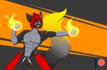 abs angry anthro canid canine clothed clothing elemental_manipulation fire fire_manipulation flaming_fist fox hair male mammal mastergodai muscular muscular_male punch red_hair solo sweatpants teeth topless topless_male 