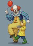  2boys :d absurdres balloon black_eyes blue_background blue_pants blush bodysuit boots brown_hair chanta_(ayatakaoisii) clown georgie_denbrough gloves highres holding it_(stephen_king) jacket long_sleeves male_focus multiple_boys open_mouth pants paper_boat pennywise raincoat red_hair rubber_boots sanpaku simple_background smile standing standing_on_one_leg walking white_gloves 