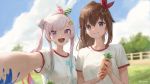  2girls :d airani_iofifteen blue_bow blue_eyes blue_sky bow breasts brown_hair carrot cloud english_commentary fence food grass gym_uniform hair_between_eyes hair_bow hair_ornament hairband high_ponytail highres holding holding_food hololive hololive_indonesia light_blush long_hair looking_at_viewer medium_breasts multicolored_hair multiple_girls open_mouth outdoors outstretched_arm paint paint_on_clothes paint_on_face purple_eyes self_shot shirt short_sleeves side_ponytail sidelocks signature sky smile tokino_sora tree twitter_username two-tone_hair upper_teeth virtual_youtuber white_shirt zeradok 