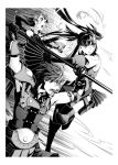  1boy 2girls armor arms_up bangs border braid braided_ponytail closed_mouth fan fighting floating_hair from_side glass_(tate_no_yuusha_no_nariagari) greyscale highres holding holding_fan holding_scythe l&#039;arc_berg_sickle long_hair minami_seira monochrome multiple_girls novel_illustration official_art open_mouth outside_border ponytail scythe shiny shiny_hair shoulder_armor swept_bangs tate_no_yuusha_no_nariagari therese_alexanderite twintails very_long_hair white_border 