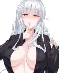  1girl black_shirt breasts brown_eyes carmilla_(fate/grand_order) cleavage commentary_request curly_hair fate_(series) fue_(rhomphair) heart highres large_breasts long_hair looking_at_viewer nail_polish open_clothes open_shirt raised_eyebrows shirt simple_background solo upper_body white_hair 