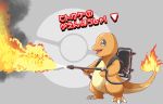  absurd_res ambiguous_gender charmander claws feral fire flamethrower flaming_tail gun hi_res humor japanese_text multicolored_body nintendo okmt_redbull open_mouth open_smile orange_body orange_skin pok&eacute;mon pok&eacute;mon_(species) ranged_weapon reptile scalie simple_background smile solo standing text toe_claws two_tone_body video_games weapon 