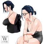  1girl artist_name black_hair black_jacket black_nails bracelet breasts camisole cleavage crossed_legs earrings feet_out_of_frame glasses hair_ornament hair_scrunchie highres jacket jewelry large_breasts loungewear multiple_views necklace no_bra original otoko-jyuku scrunchie short_hair short_ponytail simple_background sitting stud_earrings upper_body white_background 