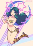  1girl :d bikini blue_eyes boots breasts bright_pupils cleavage floating_hair full_body hands_up heart heart_hands highres horns kotatsu_(g-rough) large_breasts long_hair looking_at_viewer lum open_mouth pointy_ears signature sketch smile solo striped striped_bikini swimsuit urusei_yatsura white_pupils yellow_bikini yellow_footwear 