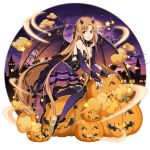  1girl asuna_(sao) bow braid breasts bridal_gauntlets brown_bow brown_eyes brown_hair cleavage demon_tail demon_wings detached_sleeves dress floating_hair french_braid full_body hair_bow halloween halloween_costume high_heels highres horns layered_dress long_hair long_sleeves looking_at_viewer medium_breasts moon multicolored multicolored_wings official_art open_mouth pump pumpkin purple_dress purple_legwear purple_sky purple_sleeves purple_wings shiny shiny_hair short_dress smile solo strapless strapless_dress sword_art_online sword_art_online:_memory_defrag tail thighhighs transparent_background very_long_hair wings 
