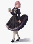  1girl :d absurdres alternate_costume bangs black_dress black_footwear cup dress fate/grand_order fate_(series) full_body grey_neckwear hair_between_eyes highres holding holding_plate layered_dress long_dress mash_kyrielight null_(skev7724) open_mouth pink_hair plate purple_eyes short_hair simple_background smile solo standing teacup white_background white_legwear 