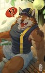  ?! anthro ball barrel_(live-a-hero) biceps bottomwear canid canine canis clothing excited hat headgear headwear live-a-hero male mammal mumu202 muscular muscular_anthro muscular_male shirt shorts sitting solo tank_top tennis_ball topwear wolf 