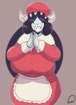  anthro apron big_breasts breasts christmas clothing demon female hi_res holidays horn huge_breasts looking_at_viewer peculiart sharp_teeth smile smiling_at_viewer solo sue_(peculiart) teeth 