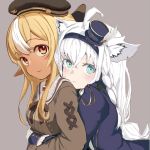  2girls animal_ears aqua_eyes beret blonde_hair blue_jacket braid brown_eyes brown_ribbon cardigan closed_eyes dark_skin dark_skinned_female elf fox_ears hairband hat hololive hug hug_from_behind jacket long_hair looking_at_viewer low-tied_long_hair multicolored_hair multiple_girls open_cardigan open_clothes pointy_ears ribbon sailor_collar school_uniform shirakami_fubuki shiranui_flare sidelocks simple_background streaked_hair tan_background upper_body virtual_youtuber white_hair yuma_(user_zuft7485) 