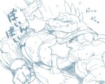  5:4 anthro biceps bouncing bouncing_pecs bracelet clothing crocodilian diddy_kong donkey_kong_(series) duo eyes_closed haplorhine humor japanese_text jewelry krusha kuroma male mammal monkey muscular muscular_anthro muscular_male nintendo pecs primate reptile scalie shirt sketch tank_top text topwear vein video_games 