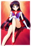  1girl bangs bishoujo_senshi_sailor_moon black_hair border choker circlet closed_mouth collarbone collared_shirt elbow_gloves gloves hand_on_own_knee highres long_hair looking_at_viewer mimimix miniskirt outside_border pleated_skirt pumps purple_eyes red_background red_choker red_footwear red_sailor_collar red_skirt sailor_collar sailor_mars sailor_senshi_uniform sailor_shirt shiny shiny_hair shirt sitting skirt smile solo very_long_hair white_border white_gloves white_shirt 