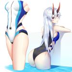  1girl 2ndeminence absurdres against_wall armpits ass black_swimsuit blue_swimsuit breasts competition_swimsuit fate/grand_order fate_(series) hair_between_eyes highleg highleg_swimsuit highres horns leaning_on_object long_hair looking_back medium_breasts multicolored multicolored_clothes multicolored_swimsuit multiple_views one-piece_swimsuit oni_horns partially_submerged red_eyes red_horns silver_hair slit_pupils standing striped striped_swimsuit swimsuit tomoe_gozen_(fate/grand_order) tomoe_gozen_(swimsuit_saber)_(fate) very_long_hair water white_background white_swimsuit 