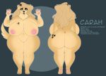 2d_(artwork) accessory anthro big_breasts big_butt bird_dog blonde_hair blue_eyes breasts butt canid canine canis carah_(smoreflavored) curvy_figure digital_drawing_(artwork) digital_media_(artwork) domestic_dog english_text female front_and_back fur golden_retriever hair hair_accessory hair_bow hair_ribbon hi_res huge_breasts hunting_dog lips long_hair lunarclaws mammal model_sheet neck_tuft nipples nude retriever ribbons simple_background solo text thick_thighs tuft voluptuous wide_hips yellow_body yellow_fur 