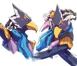  angry anthro avian bird blue_body breath_of_the_wild determined ghangaji hair hi_res male nintendo ponytail revali rito scarf shoulder_pads smile smirk solo the_legend_of_zelda video_games 