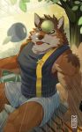  anthro ball barrel_(live-a-hero) biceps blep bottomwear canid canine canis clothing hat headgear headwear live-a-hero male mammal motion_lines mumu202 muscular muscular_male pain shirt shorts solo tank_top tennis_ball tongue tongue_out topwear wolf 