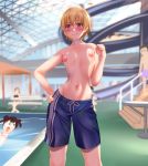  2girls blonde_hair blush crossdressing ear_piercing embarassed exhibitionism highres hukokukyohei idolmaster idolmaster_shiny_colors male_swimwear male_swimwear_challenge multiple_girls navel nipples piercing pool poolside purple_eyes reverse_trap saijou_juri shiny shiny_hair shiny_skin short_hair sonoda_chiyoko standing sweat swim_trunks swimwear topless tsurime water_slide waterpark 