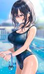  1girl :o absurdres bangs bare_shoulders black_hair blue_eyes blue_sky blue_swimsuit blurry blurry_background breasts cleavage cloud goggles hair_between_eyes hair_ornament hairclip highres large_breasts medium_hair nekoremon one-piece_swimsuit open_mouth original outdoors pool sky swimsuit thighs water wet wet_hair 