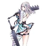  1girl ass bandaged_arm bandaged_leg bandages black_gloves brown_eyes closed_mouth dual_wielding flower frills gloves grey_hair hair_flower hair_ornament holding holding_sword holding_weapon looking_back nier_(series) pink_eyeshadow rodrigo_yoshimiya simple_background solo sword thigh_strap weapon white_background white_flower 