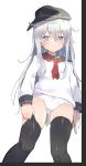  1girl anchor_symbol ass_visible_through_thighs black_headwear black_legwear black_sailor_collar blouse blue_eyes bow bow_panties caburi closed_mouth commentary crotch_seam eyebrows_visible_through_hair flat_cap hat hibiki_(kantai_collection) highres kantai_collection light_frown long_hair long_sleeves looking_at_viewer neckerchief no_pants panties red_neckwear sailor_collar school_uniform serafuku silver_hair solo standing thighhighs underwear white_blouse white_panties 