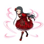  1girl ;) alternate_costume bangs black_eyes black_footwear black_hair blunt_bangs boots closed_mouth dress floating_hair flower full_body hair_flower hair_ornament highres hime_cut leaning_forward lolita_fashion long_dress long_hair looking_at_viewer official_art one_eye_closed red_dress red_flower red_ribbon red_rose ribbon rose shiny shiny_hair smile solo standing sword_art_online sword_art_online:_memory_defrag transparent_background very_long_hair yui_(sao) 