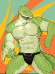  abs anthro bottomwear clothing crocodile crocodilian crocodylid endn fangs green_body green_scales hi_res male muscular muscular_anthro muscular_male navel nipples reptile scales scalie solo topless_male 