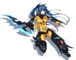  1girl arm_blade blade blue_hair bodysuit hair_between_eyes long_hair lower_teeth multicolored multicolored_hair open_hands open_mouth orange_eyes phantasy_star phantasy_star_online_2 pink_hair quna_(pso2) shimotsuki_shio simple_background solo teeth twintails weapon white_background 