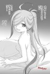  1girl :d asashimo_(kantai_collection) blush breasts dimples_of_venus ebifly from_behind hair_over_one_eye kantai_collection long_hair looking_at_viewer looking_back medium_breasts nude on_bed one_eye_covered open_mouth pillow ponytail sharp_teeth smile solo teeth twitter_username under_covers upper_body upper_teeth 