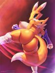 2020 anthro areola armwear big_breasts big_butt breasts butt canid clothing curvy_figure digimon digimon_(species) female fur hi_res huge_breasts huge_butt mammal nipples renamon side_boob simple_background solo text thick_thighs thousandfoldfeathers url voluptuous wide_hips yellow_body yellow_fur 