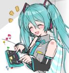  /\/\/\ 1girl aqua_hair aqua_nails aqua_neckwear bare_shoulders beamed_eighth_notes black_sleeves blush closed_eyes commentary detached_sleeves eighth_note grey_shirt hair_ornament hatsune_miku headphones headset long_hair musical_note nail_polish necktie open_mouth playing_games quarter_note shirt shoulder_tattoo sitting sketch sleeveless sleeveless_shirt smile solo supo01 tablet_pc tattoo twintails very_long_hair video_game vocaloid 