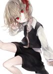  1girl black_skirt black_vest blonde_hair blood blood_on_face bloody_hands claw_pose collared_shirt commentary_request eyebrows_behind_hair feet_out_of_frame hair_between_eyes hasunokaeru head_tilt highres long_sleeves looking_at_viewer loose_necktie necktie parted_lips red_eyes rumia shirt short_hair simple_background sitting skirt solo touhou vest white_background white_shirt yellow_neckwear 