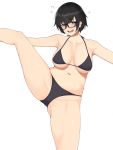  1girl bikini black-framed_eyewear black_bikini black_eyes black_hair breasts highres jimiko large_breasts looking_at_viewer navel nohohon_pictures original short_hair simple_background solo split standing standing_on_one_leg standing_split sweatdrop swimsuit thighs white_background 