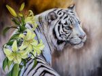  ambiguous_gender felid feral flower fur irenadem lily_(flower) mammal oil_painting_(artwork) painting_(artwork) pantherine plant realistic solo tiger traditional_media_(artwork) whiskers white_body white_fur 