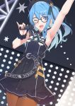  1girl alternate_costume arm_up armpits belt beret bespectacled blue_eyes blue_hair fingernails glasses hair_between_eyes hat highres hololive hoshimachi_suisei kusubii looking_at_viewer medium_hair microphone one_eye_closed pantyhose sleeveless solo stage virtual_youtuber 