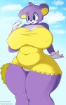  anthro big_breasts breasts cleavage clothed clothing female gatotorii genitals hi_res huge_breasts mammal nipple_outline no_underwear purple_body pussy solo text thick_thighs url ursid wide_hips 
