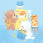  animal animal_focus bear brown_bear butter ceiling_light commentary_request cooking food frying_pan highres holding holding_frying_pan honey honey_dipper honeypot no_humans original pancake pancake_stack polar_bear serico stool stove stuffed_animal stuffed_toy syrup teddy_bear 